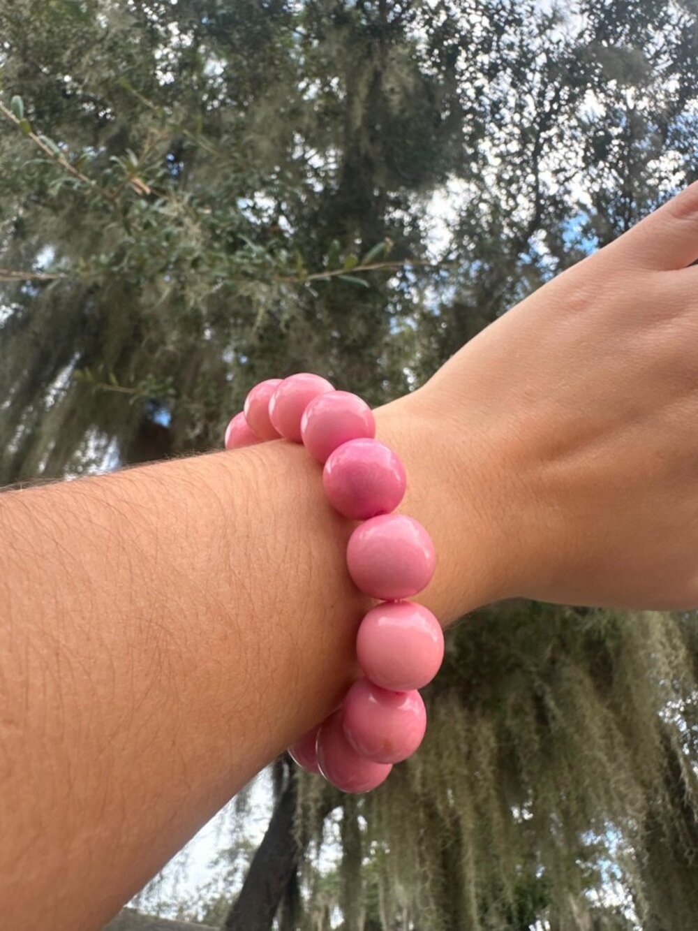 Handmade Pink Tagua Nut Chunky Bead Stretch Bracelet Ecuador Boho Statement